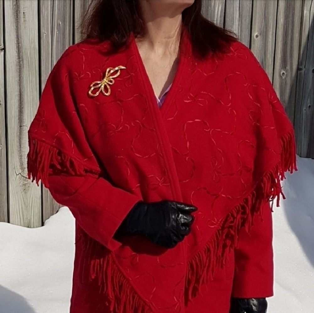 Vintage Red Wool Fringe Embroidered Pea Coat Western Bohemian Winter - Picture 3 of 16